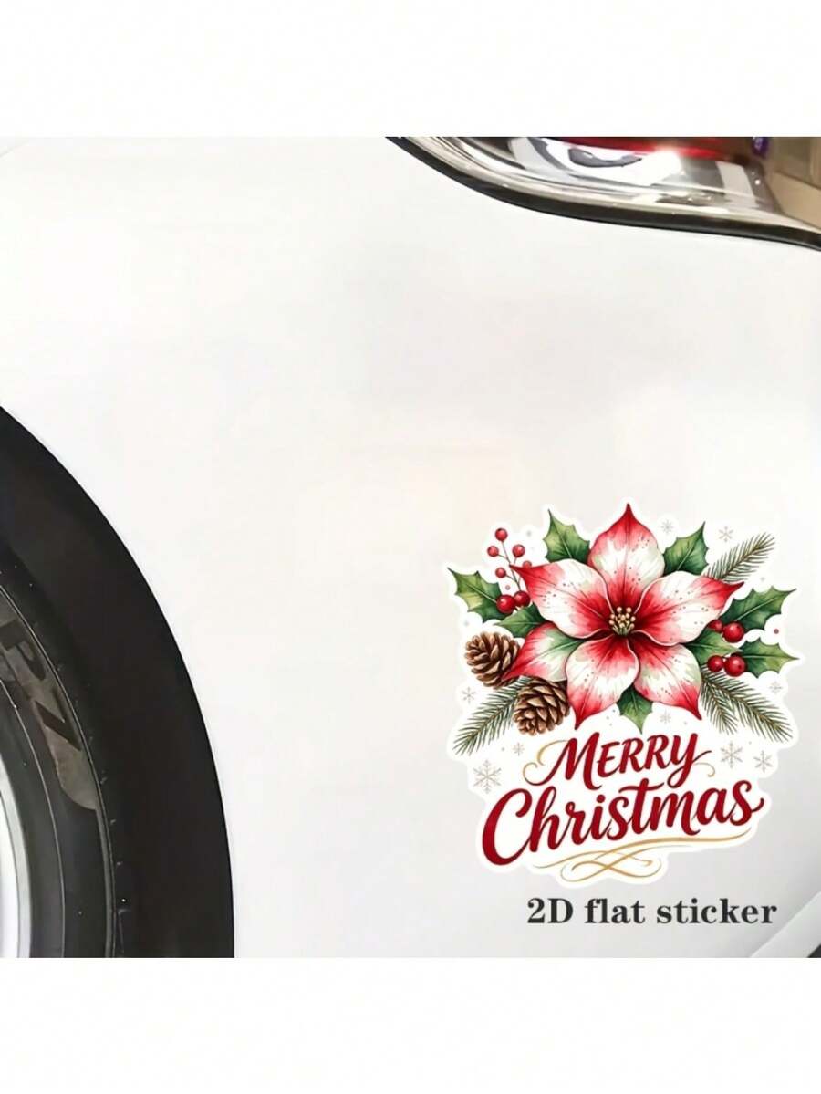 1pc Outdoor Christmas Car Sticker, Watercolor Print Technique, Pattern Includes Poinsettia, Pine Cone, Red Berry, Evergreen Branch And Elegant "Merry Christmas" Text; Suitable For Car Paint, Car Window, Metal Mailbox And Refrigerator - Christmas Decorations - View 1