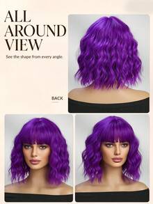 12 Inch Purple Wavy Wig With Bangs, Women's Short Curly Synthetic Heat Resistant Wig, Suitable For Party, Daily Wear, Colorful, Popular For Music Festivals, Halloween - Purple - View 3