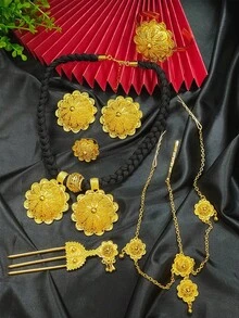 1 套 6 件金色花朵装饰项链、耳环、手链、戒指、发夹、发链首饰套装，适用于迪拜、美国、英国、沙特阿拉伯、非洲、婚礼、派对、情人节、母亲节、教师节、返校礼物，适合送给她、妈妈、母亲、母亲节、礼物 - 金黃色 - 查看 2