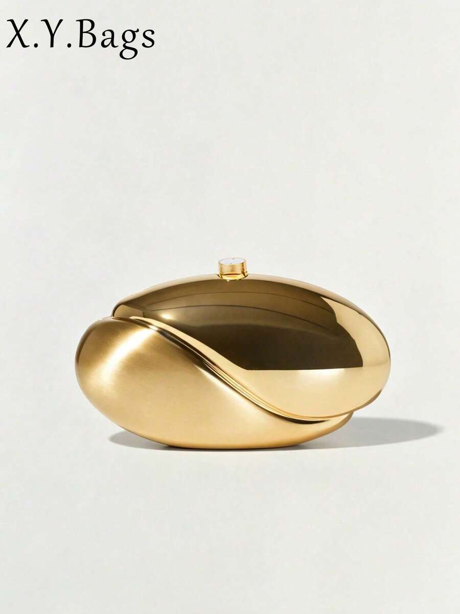 Wavy Metal Oval Evening Bag, New Party Banquet Handbag With Asymmetric Chain Strap, Women's Shoulder Crossbody Bag, Wedding Supplies - Gold - View 1