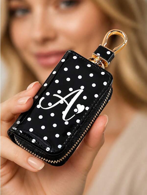 Black Polka Dot Pattern Keybag, "A-Z" Letter Heart Print Car Key Protective Cover, Can Be Used As Jewelry Pouch, Coin Purse, Earphone Storage Bag, Keychain Pendant, Built-In Key Chain, Can Store Car Keys, Coins, Earphones, Ideal For Daily Commute And Outdoor Travel, Perfect Gift For Friends, Lovers, Family, Teachers, Students On Birthdays And Holidays, Back To School Gift, Birthday Gift, Teacher's Day Gift