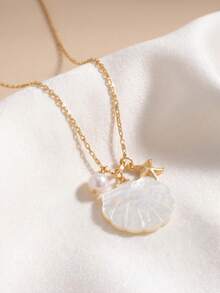 1pc Niche Design Seashell Beach Style Ocean Series Pendant Necklace Starfish Collarbone Chain - Gold - View 2