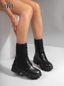 Round Toe Lace Up Mid Calf Combat Boots, Side Zipper Lug Platform Booties, Fashion Footwear For Street Daily Casual Outfits - Black - View 2