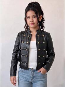 Tween Girl Fashionable Napoleon Style Cropped Leather Jacket With Metal Double-Breasted Decorative Buttons, New Arrival, All-Season Versatile For Daily Wear , Back To School Essential - Black - View 8
