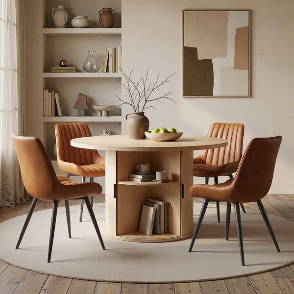 Nalupatio Modern 5‑Piece Dining Table And Chair Set, 47.24" Round Wooden Dining Table With Semi‑Open Storage Cabinet, Multi‑Color Matching Tech Fabric Chairs Combination For Home Dining Room Decor, Natural + Brown