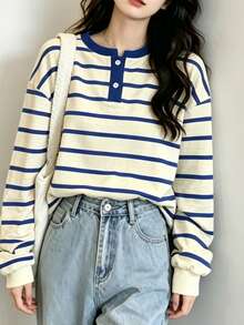Korean Style Lazy Vibe Half-Button Contrast Stripe Long Sleeve T-Shirt, Fashion Loose Slimming Casual Versatile Layering Women's Autumn Outing Top - Blue - View 12