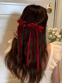 2pcs Elegant Lace Ribbon Bow Hair Accessories, Double Ponytail Clips, High-End Women's Hair Accessories, Fashion Hair Accessories, With Ribbon Tail, Claw Clips, Hair Clips, Hair Pins, Suitable For Valentine's Day, Wedding Occasions - Burgundy - View 3