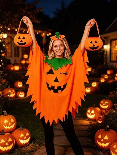 Disfraz de Calabaza de Halloween, Capa de Calabaza para Adultos, Tocado y Bolsa para Trick or Treat, Adecuado para Juego de Rol de Halloween y Fiesta "Trick or Treat" Atuendo Lindo, Regalo Ideal para Vacaciones