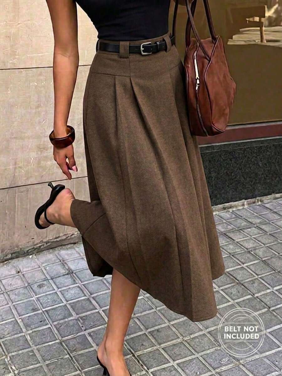 Grey High-Waisted Pleated Suit Skirt For Women, Slimming A-Line Mid-Length Skirt, Professional Office Style, Suitable For Daily Casual And Commute Wear
