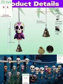 8 Peças Sinos de Vento com Caveira Pintada do Dia dos Mortos & Halloween, Decoração de Bruxa de Abóbora, Uso Interno/Externo, Som Nítido e Agradável, Adequado para Quintal, Fazenda, Festa ou como Presente - Vários estilos - Visão 7