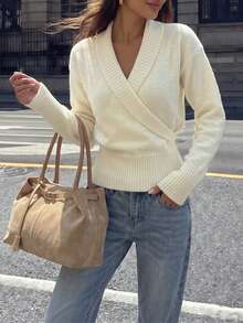 minisummer Women Elegant Fall Off White Wrap V Neck Knit Sweater, Long Sleeve Ribbed Hem Cropped Fitted Pullover, Fall Clothes For Women - White - View 3