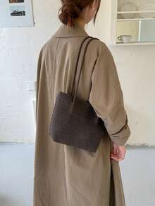 1pc Brown PU Vintage Woven Texture Shoulder Bag, Large Capacity Lightweight Women's Commuter Tote Bag, Suitable For Commuting And Travel - Coffee Brown - View 3