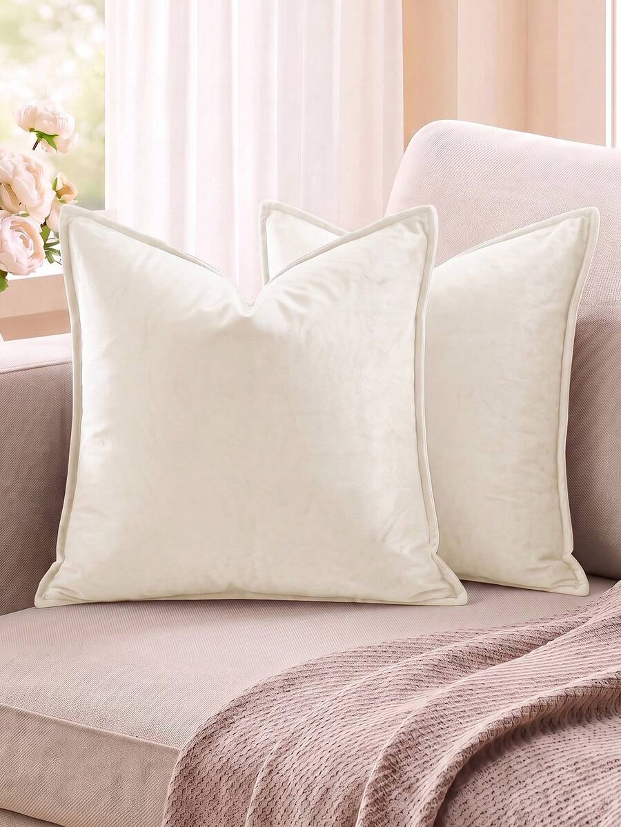 2pcs Nordic Simple Solid Color Fleece Fringed Pillow Covers (Pillow Insert Not Included), Square Cushion Covers, Holiday Home Decor, Soft & Cozy Linen-Like Fabric, Modern Sofa, Home & Dorm