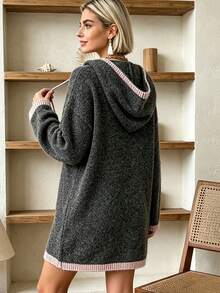Women's Colorblock Hooded Drawstring Drop Shoulder Ribbed Long Sleeve Oversized Loose Knit Dress, Plush Soft Cozy, Fall Winter Vintage Versatile - Dark Grey - View 7