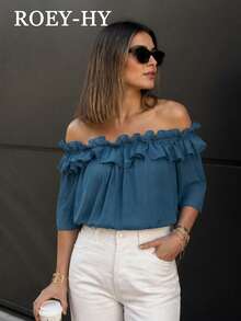 1pc Women's New Solid Color Chiffon Puff Sleeve Off Shoulder Blouse, Pleated Ruffle Trim, Casual Wear For Spring/Summer, Vacation, Date, Travel - Blue - View 2