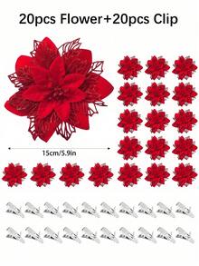 1/10/20/30pcs Shiny Gold Christmas Flower Decor Clips, DIY Holiday & Seasonal Decoration, Suitable For Weddings, Christmas Trees And Parties, Easy To Install, Durable - All Red - View 12