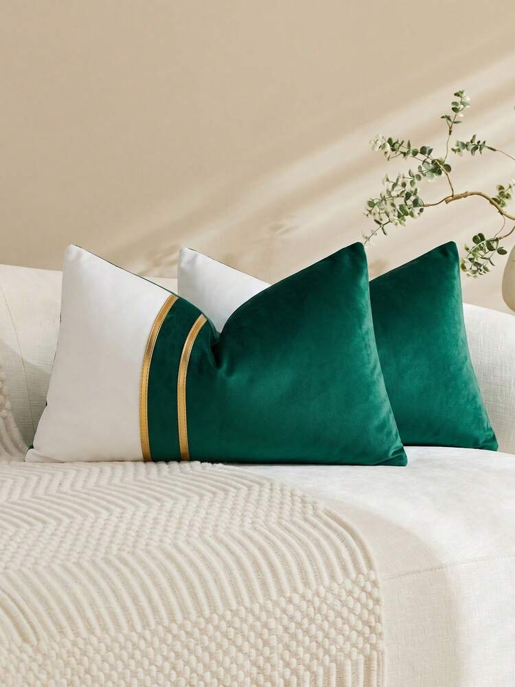 1/2pcs Green & White Velvet Patchwork Gold Leather Striped Throw Pillow Cover, Square Cushion Case, Holiday Home Decor Pillow, Soft & Comfortable Fabric, Modern Decor For Sofa, Bedroom, Dorm - Green - View 2