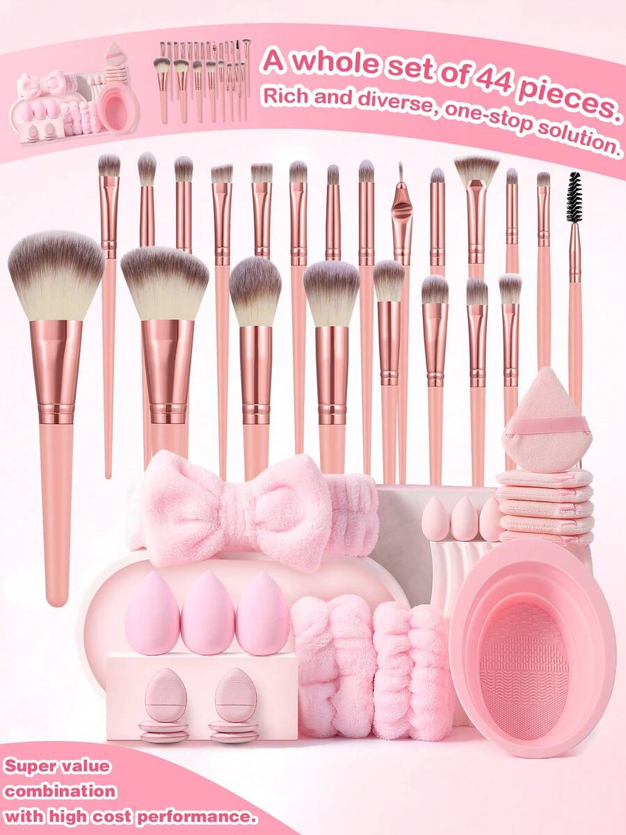 44Pcs/6pcs Pink Makeup Brush Set Makeup Brushes Cosmetic Sponges Triangle Powder Puffs Finger Puffs Brush Cleaner Bowl Wrist Headband Complete Makeup Tool Kit For Beginners - Pink - View 1