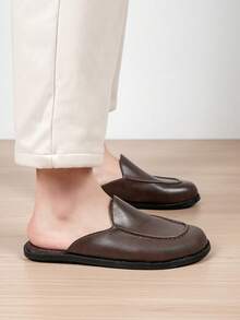 Plus Size Men's Leather Closed-Toe Mule Loafers, Backless Slip-On Slippers, Reinforced Stitching, Skin-Friendly Lining - Brown - View 5