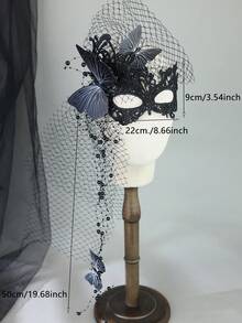 2pcs Gothic Black Lace Butterfly Masquerade Mask Set With Tulle Veil, Halloween Costume Party Hair Accessory Photo Prop - Black - View 9