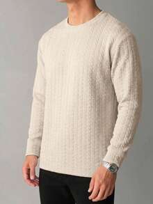 Apricot Textured Jacquard Round Neck Long Sleeve Men's Top, Loose Drop Shoulder Versatile Casual Base Layer - Apricot - View 2
