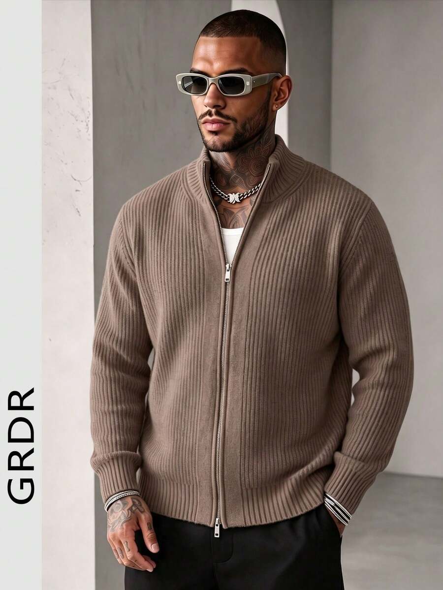 GRDR Men's Crew Neck Long Sleeve Stand Collar Double-Breasted Cardigan Sweater, Versatile For Daily Wear
