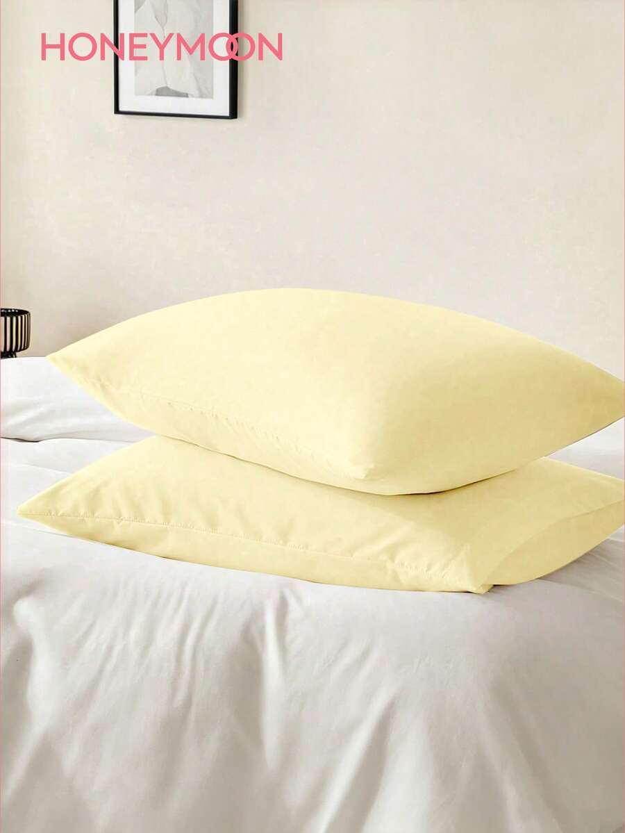 HONEY MOON 2pcs Ultra Soft Solid Color Pillowcases, Soft & Breathable, Envelope Closure, Wrinkle-Resistant, No Filling - Suitable For T/F/Q/K Sizes Home And Dorm, Light Yellow - Light Yellow - View 1