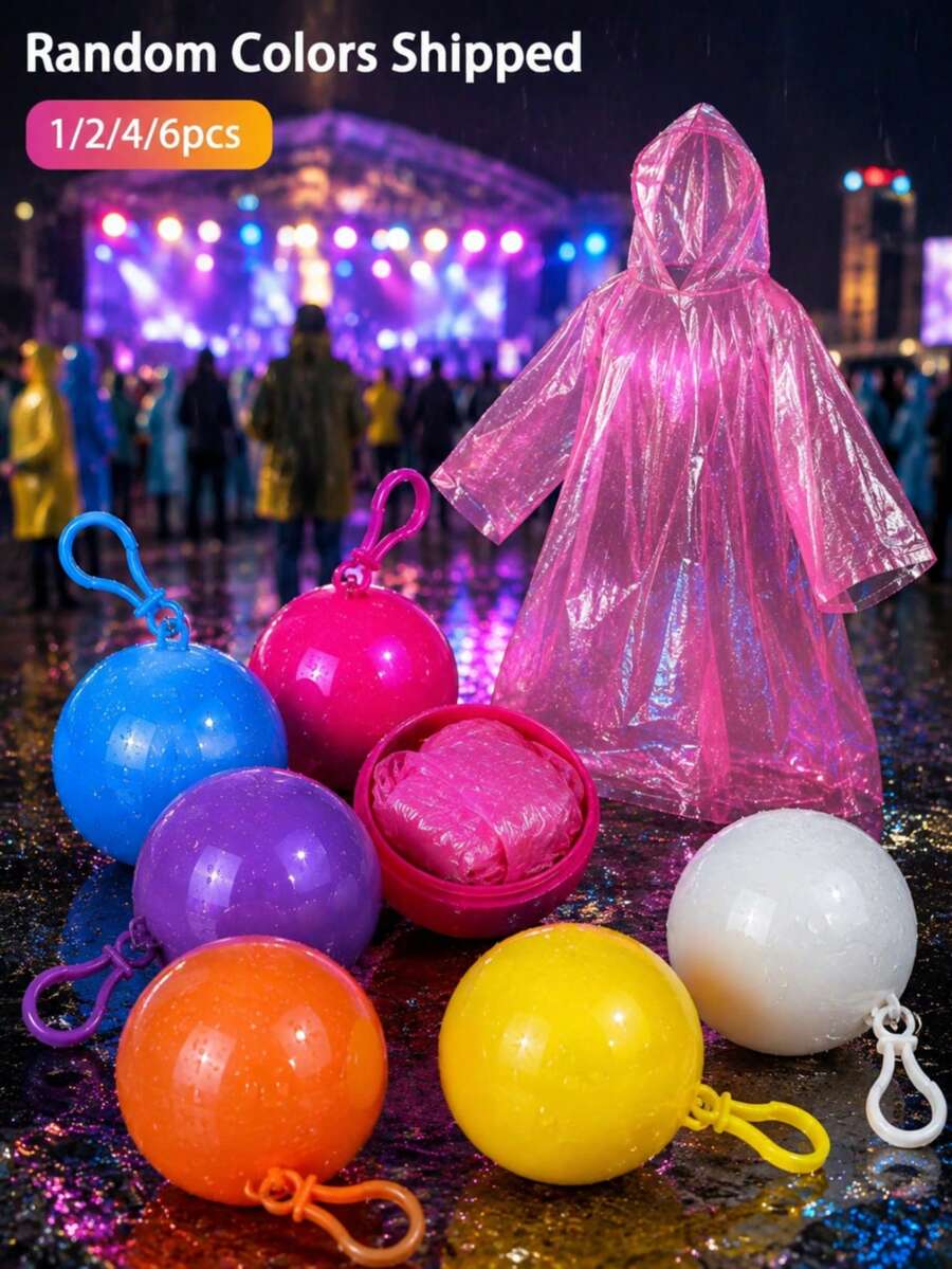 1/2/4/6/8pcs Portable Rain Poncho Ball Keychain, Each Ball Includes 1 Random Color Disposable Hooded Raincoat, Compact Emergency Rain Poncho With Round Storage Case And Hook For Music Festivals, Travel, Camping, Hiking & Outdoor Use