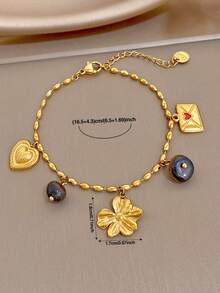 Brazalete elegante vintage de acero inoxidable para mujer, con cuentas de ojo de tigre natural, corazón de esmalte, dijes de letra y flor, joyería dorada, adecuado para uso diario, fiesta, regalo de Navidad/Cumpleaños/Día de San Valentín, Y2K/Carnaval/Halloween, estilo bohemio - Multicolor - Ver 4