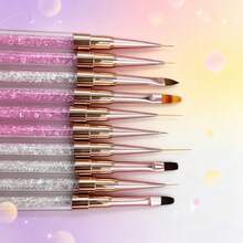 Pink‑White Rhinestone‑Filled Nail Art Brushes, Rose‑Gold Ferrule For Exquisite Hand‑Painted Nail Designs - Pink - View 3