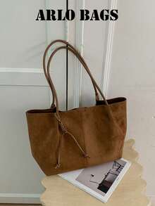 Vertical Split Line Woven Twist Drawstring Decor Tote Bag With Shoulder Strap, Large Capacity Soft Tote Style, Shoulder Handbag With Woven Drawstring Closure, Vintage Korean Minimalist Relaxed Commuter Style, Suitable For Women, Office Workers, Students, Commuting, Shopping, Travel - Brown - View 6