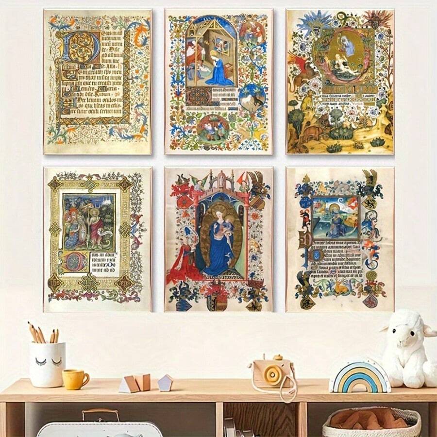 6pcs Medieval Manuscript Art Decorative Painting, Wall Art Canvas Print, Living Room Home Decoration Painting Without Frame - Cartoon - View 1
