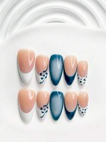 10pcs Fresh Style Handmade Press-On Nails, Polygel Nail Art Set, Hand-Painted Floral & Polka Dot, Blue & White Color, Minimalist Korean Style, Includes Nail Tools, 3 Sizes Available, Square/Short Square/Almond Shape, Suitable For Party, Dancing, Daily Wear - Multicolor - View 3