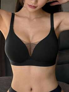 DAZY 1pc Seamless Mesh Patchwork Adjustable Unpadded Wireless Bra, Casual & Comfortable - Black - View 6