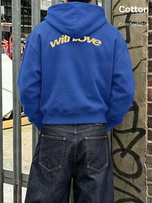 Autumn Men's Hoodie With Yellow "With Love" Print On Back, Y2K - Cailan - View 3