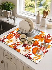 1pc, Dog & Pumpkin Pattern Diatomaceous Earth Kitchen Drain Mat, Absorbent Dish Drying Mat, Coffee Machine Mat, Dishwashing Mat, Sink Mat, Kitchen Countertop Protector, Suitable For Cups, Plates, Tableware & Kitchen Decor - Multicolor - View 4