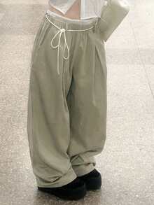Women's Loose Casual Lace Patchwork Wide Leg Pants With Pockets (Includes Drawstring) - Khaki Green - View 2