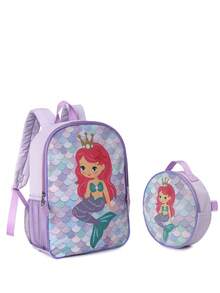 Children's Fashion Backpack 2-Piece Set Unicorn Heart Pattern With Matching Lunch Bag, Thickened Adjustable Shoulder Straps, Zipper Closure Lunch Bag With Zipper And Handle, Reusable , Suitable For Boys And Girls Casual Backpack Combination - Mermaid Purple - View 1