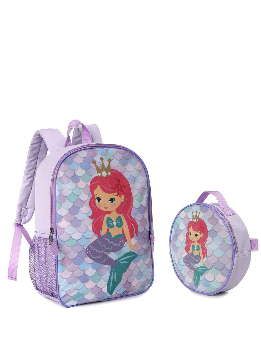 Children's Fashion Backpack 2-Piece Set Unicorn Heart Pattern With Matching Lunch Bag, Thickened Adjustable Shoulder Straps, Zipper Closure Lunch Bag With Zipper And Handle, Reusable , Suitable For Boys And Girls Casual Backpack Combination - Mermaid Purple - View 1