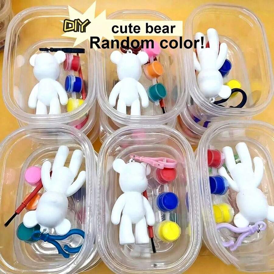 1 Set Random Color Fluid Painting Bear Keychain DIY Graffiti Painting Material Kit, Includes Paint, Small Spoon, White Bear Blank, Paintbrush, Keychain And Storage Box, Total 6 Pieces. Creative Handmade Bear Doll, Suitable For Back To School Season, Student Stationery, Halloween, Christmas Surprise Gift, Party Activity Gift, Holiday Activity Prop, Parent-Child Activity Prop