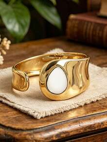 1pc European & American Punk Style Gold Polished Asymmetric Water Drop Open Wide Cuff Bracelet, Women's Luxury Niche High-End Elegant Bangle - Teardrop Bracelet - View 8