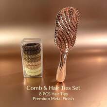 Curved Hollow Breathable Hair Comb + 8 Natural Color Hair Ties, Women's Hair Accessories Set - Rose Gold - View 3