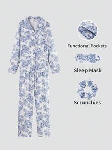 Women's New Autumn/Winter Long Sleeve Shirt & Pants 2 Pieces Pajama Set, All-Over Print, Pocket Design, Eye Mask & Hair Scrunchie, Casual Comfortable Loungewear - Blue - View 1