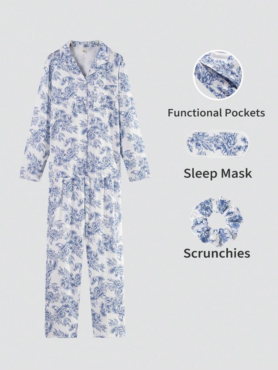Women's New Autumn/Winter Long Sleeve Shirt & Pants 2 Pieces Pajama Set, All-Over Print, Pocket Design, Eye Mask & Hair Scrunchie, Casual Comfortable Loungewear - Blue - View 1