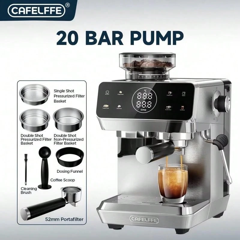 CAFELFFE 義式咖啡機、研磨一體咖啡機 20BAR、冷熱沖泡、奶泡器、內建研磨機、蒸氣功能、觸控螢幕、自清潔功能 不銹鋼機身、44級研磨精度、1.8升水箱、110g豆倉 家庭、辦公室、咖啡愛好者 - 歐規F型插(220-240V) - 查看 1