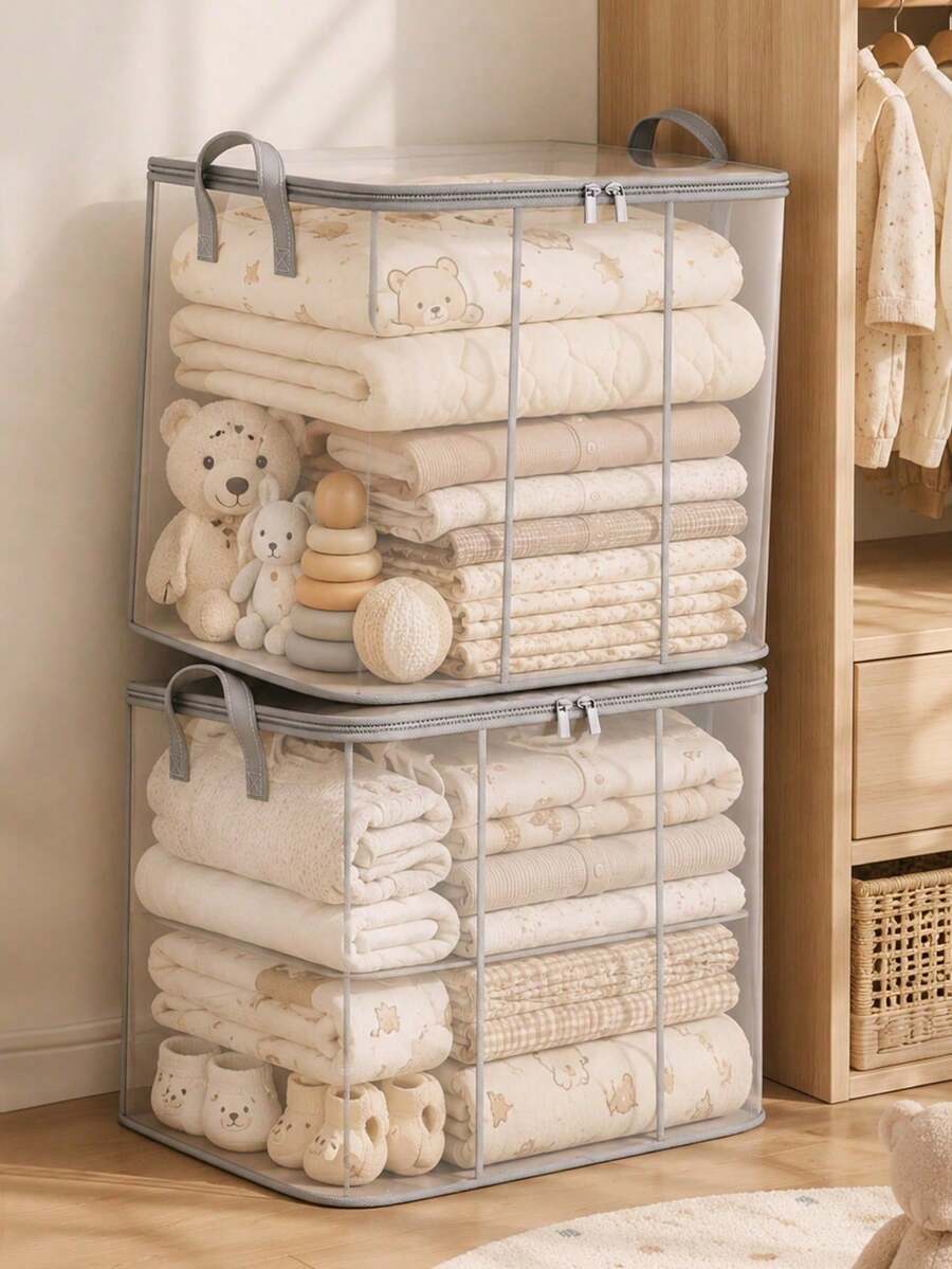 1pc Foldable Storage Box With Handle, Large Capacity Breathable Zippered Storage Bin, Suitable For Bedding, Sheets, Clothes, Blankets And Toys - Multicolor - View 1