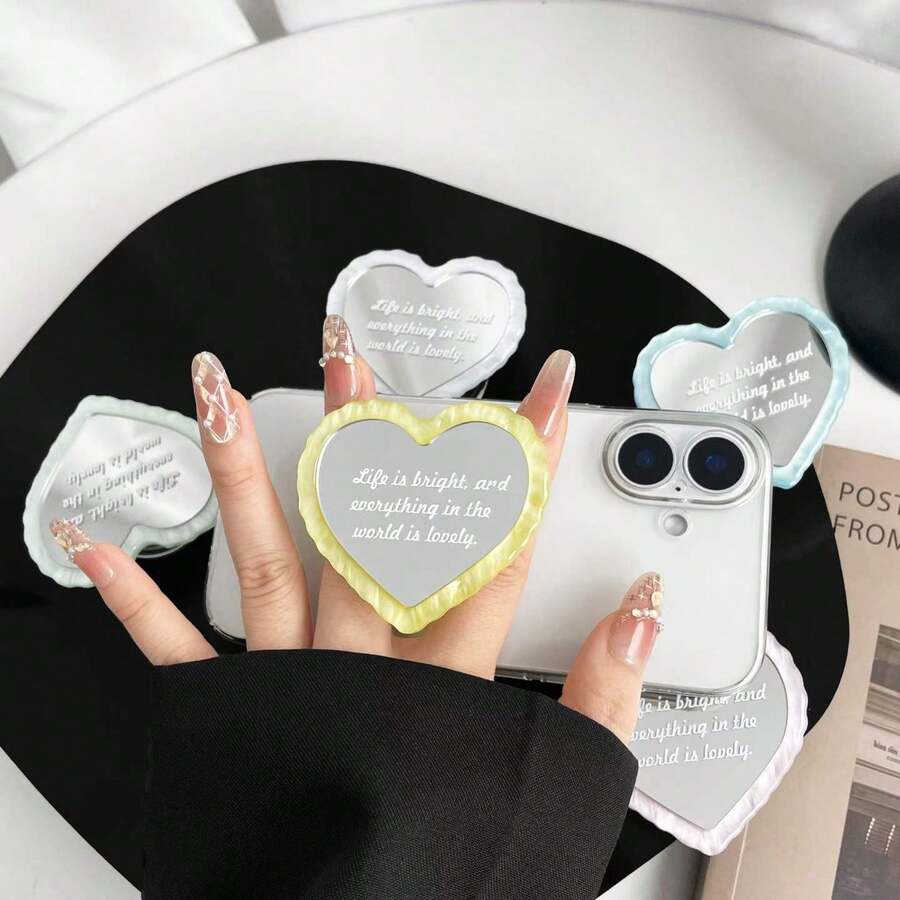 1pc English Heart Mirror Makeup Phone Stand Airbag Telescopic Phone Back Sticker Desktop Movie Watching Stand Portable - Multicolor - View 1