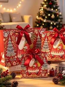 Christmas Gift Bags With Handles, 1 Set S/M/L Assorted Sizes Heavy-Duty Thick Paper Gift Bags With Ribbon, Classic Red & Green Christmas Tree Design, Holiday Party Favor Bags And 2027 New Year Gift Wrapping Supplies - Multicolor - View 5