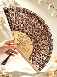 1pc/4pcs Elegant European-Style Folding Fan With Floral Pattern, Home Handheld Fan For Daily Use, Photoshoots, Events, And Dancing Halloween - Multicolor - View 14