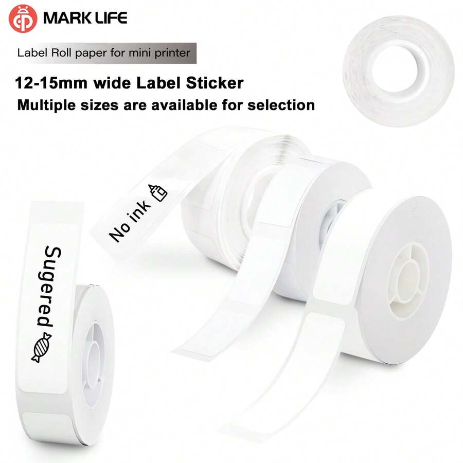 Marklife مارك لايف 1 لفة ملصقات حرارية بيضاء بعرض 12 مم-15 مم، مقاومة للماء، ورق عالي الجودة - مثالية للتنظيم والتوسيم، لطابعات P11 وP12 وP15 وP50 بدون حبر، تُستخدم لملصقات التخزين والتنظيم المنزلي وبطاقات الأسماء وملاحظات الهدايا وغيرها